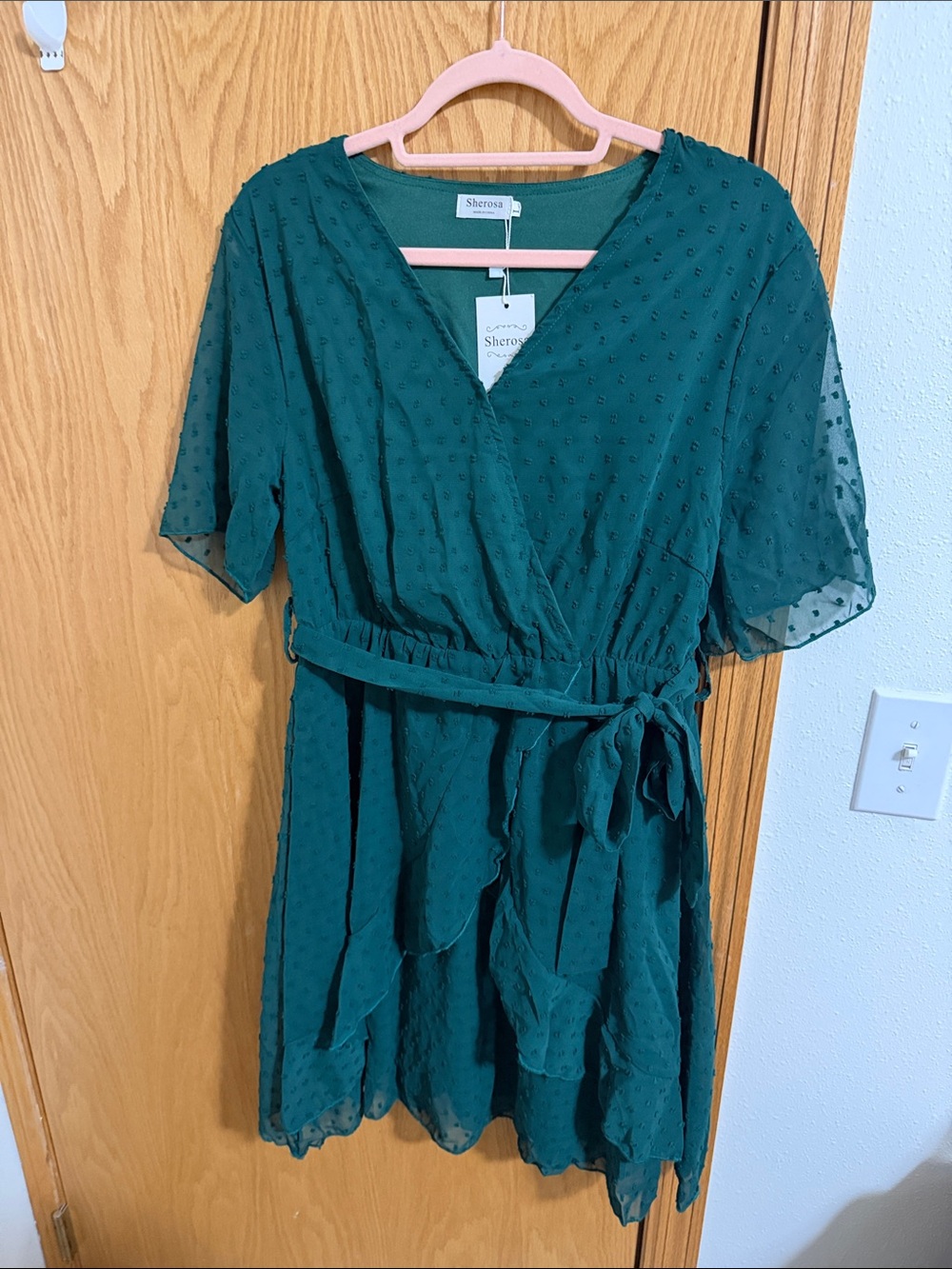Sherosa Emerald Green Wrap Mini Dress with Tie Waist